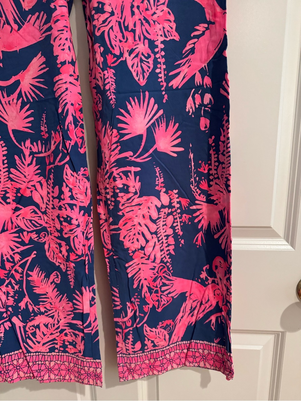 Navy and Hot Pink Tropical Print Wide-Leg Pants - Picture 2 of 6